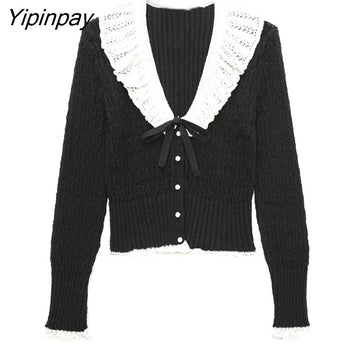 Yipinpay 2023 Autumn Women Knitted Coats Harajuku Fashion Peter Pan Collar Cardigan Sweater Single Breasted Long Sleeve Sweater